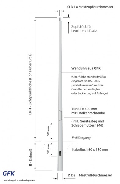 6m GFK Beleuchtungsmast 60 mm konisch