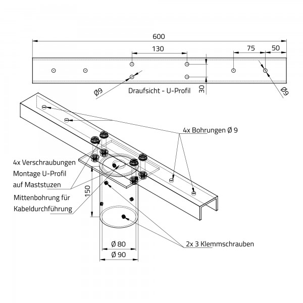 Zeichnung Flutlicht Traverse 600 mm SUNLEDS RMC Flutlichtstrahler