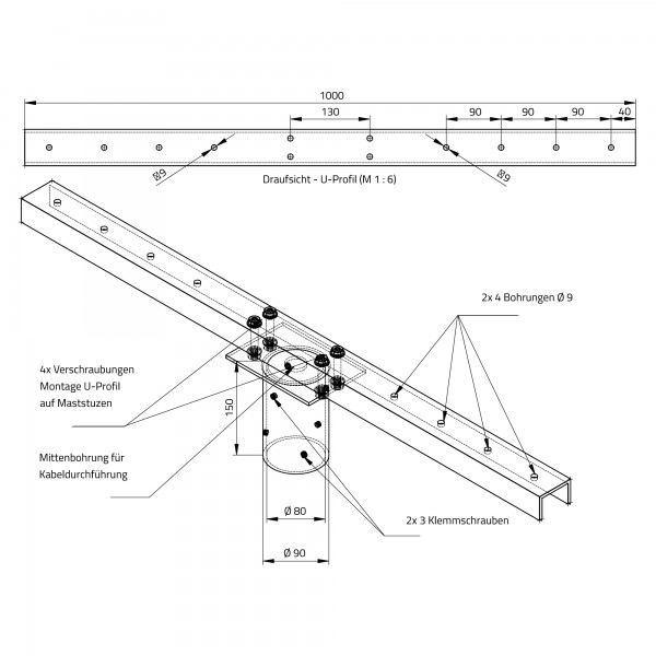 Zeichung Flutlicht Traverse 1000 mm für SUNLEDS RMC LED Flutlichtstrahler