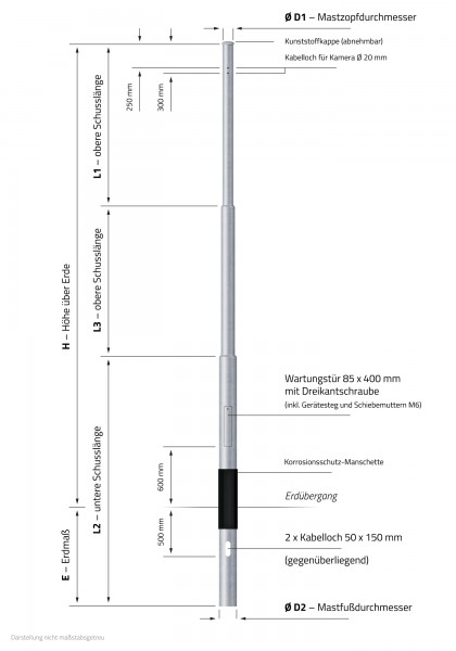 8m Kameramast abgestezt zylindrisch 108 mm maximale Auslenkung 90 mm