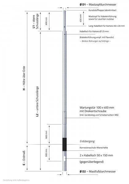 6m Kameramast zylindrisch abgesetzt, bis Windzone 4, Zopf 76 mm