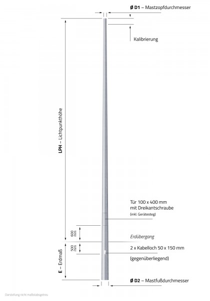 14m Flutlichtmast, konisch-rund, Zopf 121 mm verzinkt RAL