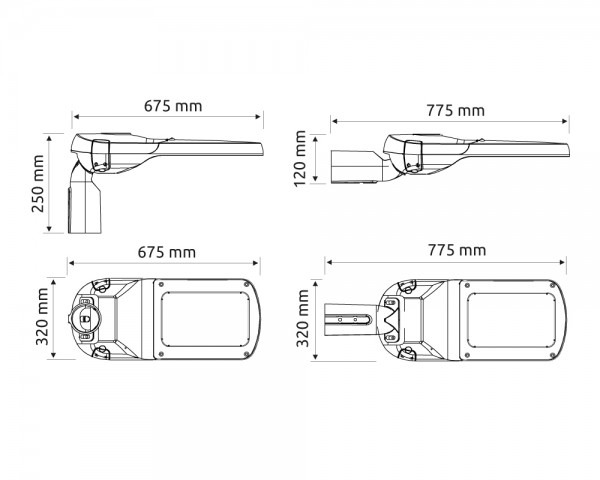 SUNLEDS SR-200 LED Straßenlaterne Maße als Zeichnung