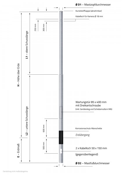 6m Kameramast abgesetzt zylindrisch 108 mm Auslenkung 90 mm