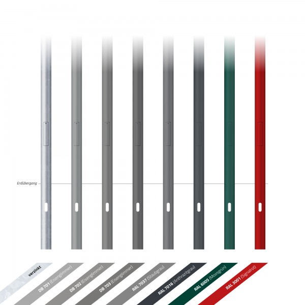 8m Kameramast, zylindrisch abgesetzt, Zopf 108 mm, Stahl verzinkt - max. Auslenkung 90 mm